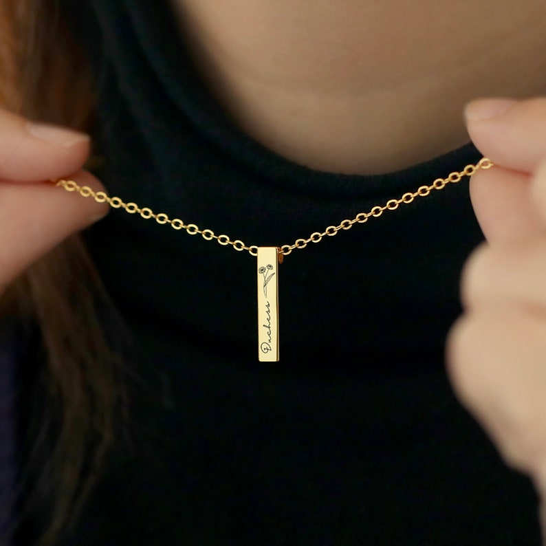 Personalized Birth Flower Name Necklaceengraved Bar Name