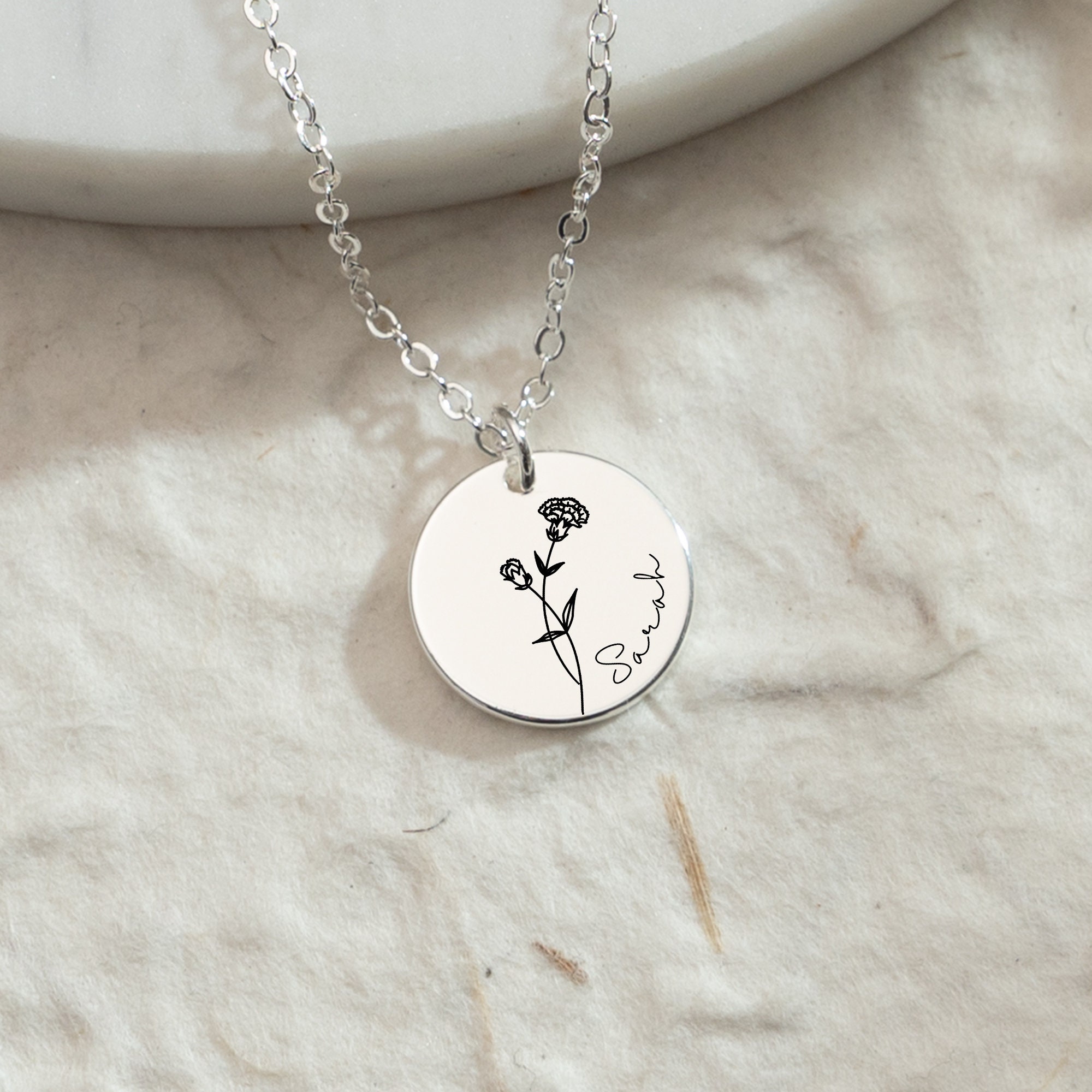 Birth Flower Necklace, Engraved Name Necklace, Dainty Floral Necklace, Handmade Jewelry,Personalized Gifts,Birthday Mothers Day Gift for Her