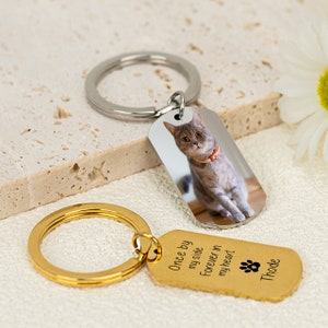 May include: Gold and silver keyring with a photo of a cat on one side and the text "Once by my side Forever in my heart" with a paw print and the name "Thode" on the other side.