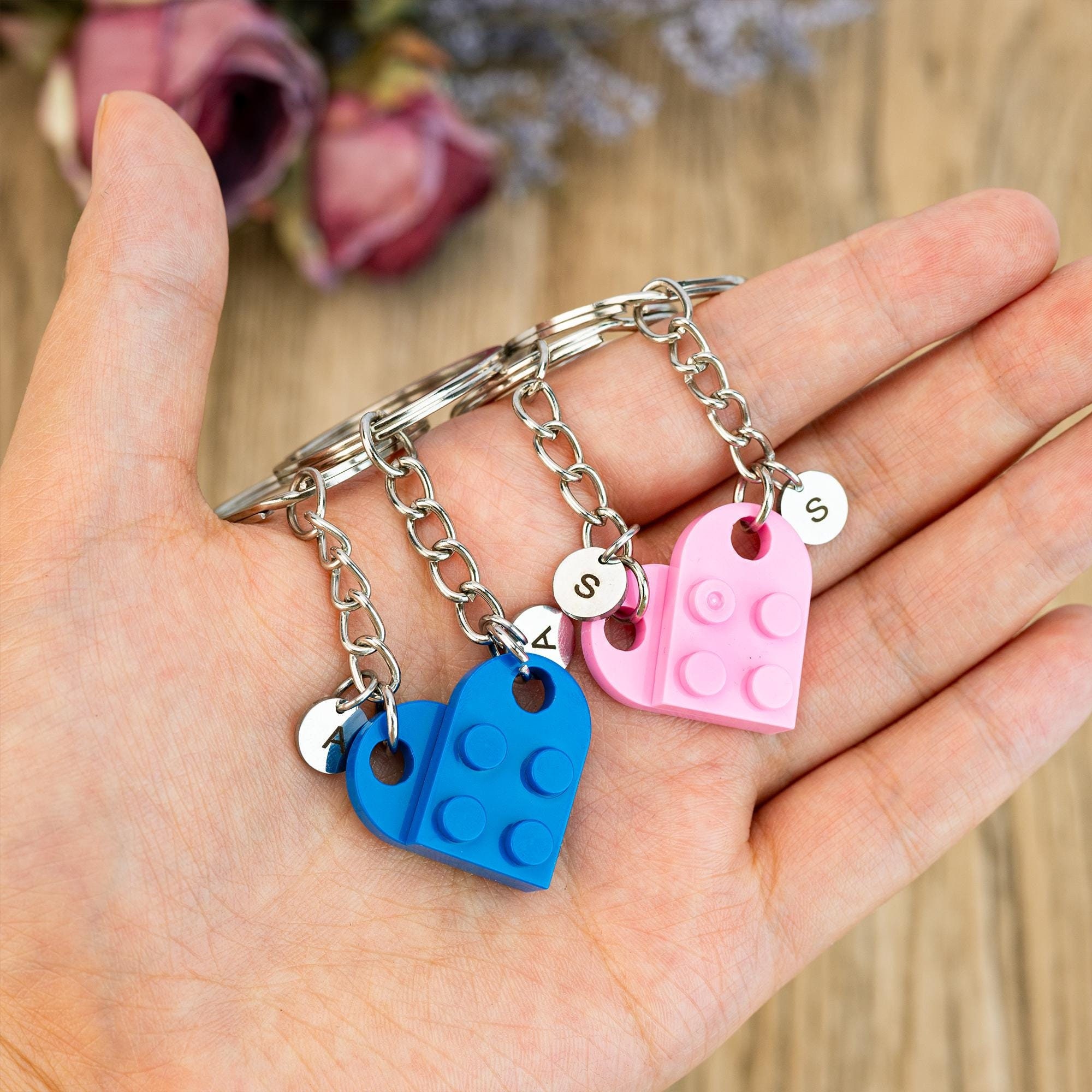 Personalized Initial Heart Keychain Set, Custom Lego Heart Keyring ...