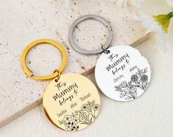 Personalized Birth Flower Keyring for Mom, Combined Birth Flower Keychain, Custom Bouquet Flower Keychain, This Mummy Belongs to Gift