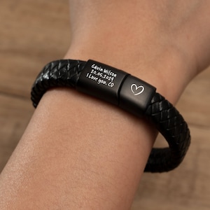 Pulsera de acero inoxidable con cuero grabado personalizado para hombre, regalo del día del padre, pulsera negra y marrón para novio, papá y papá