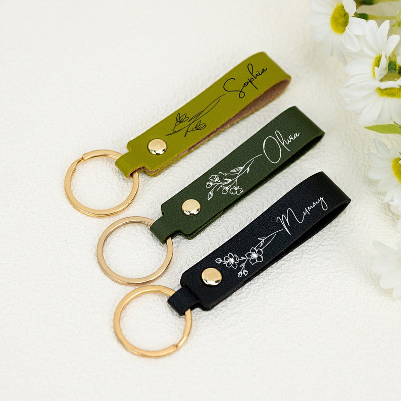 Custom Name Keychain With Birth Flower, Personalized Men Keychain, Valentines Day for Him, Minimalist Keychain, Unique Holiday Gift image 1