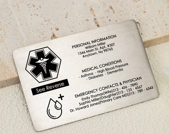 Notfall medizinische Kontaktkarte, ID-Tag, personalisierte Laser gravierte Metallkarte, NHS, Information Tag, Medizinische Alarmkarte, Geschenk für Ihn