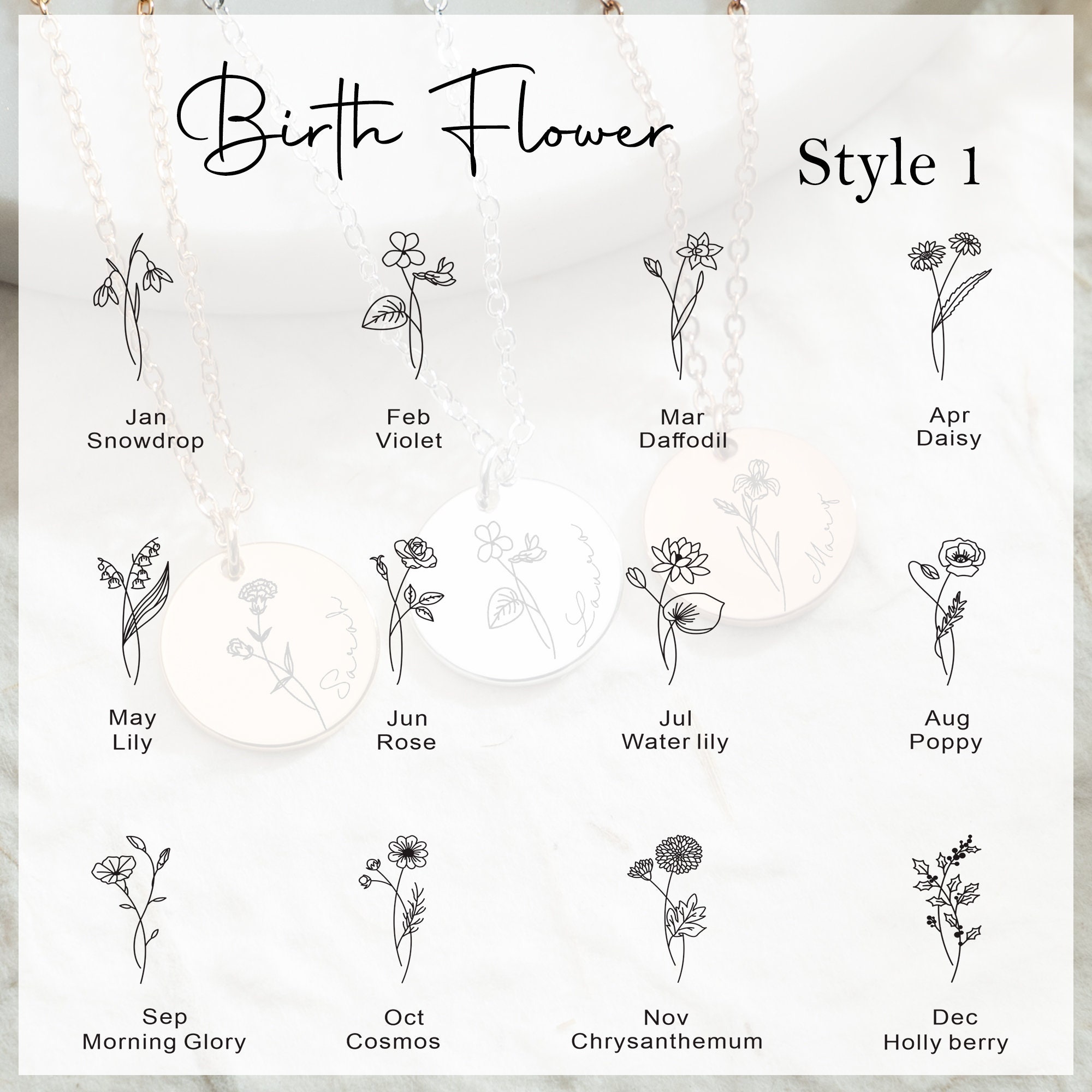 Birth Flower Necklace, Engraved Name Necklace, Dainty Floral Necklace, Handmade Jewelry,Personalized Gifts,Birthday Mothers Day Gift for Her
