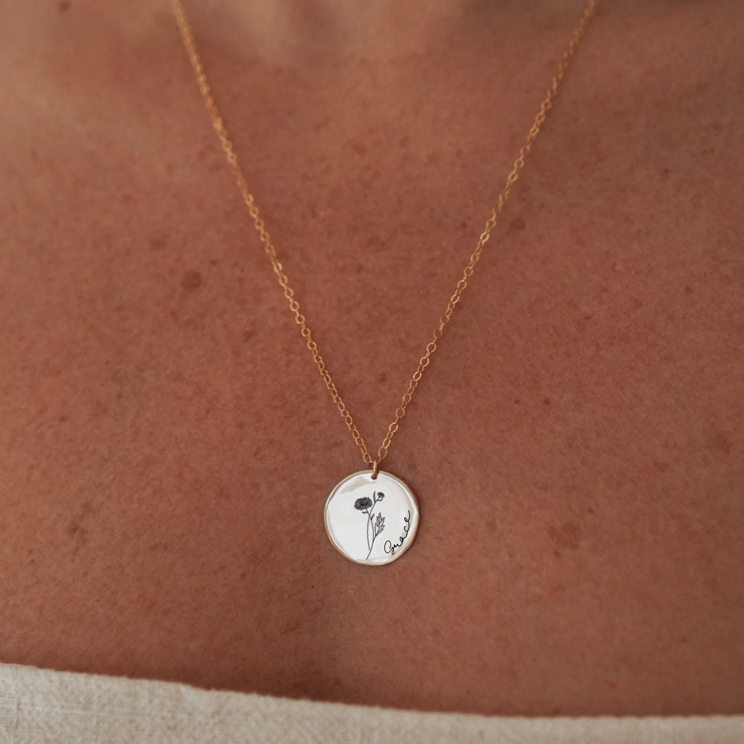 Birth Flower Necklace, Engraved Name Necklace, Dainty Floral Necklace, Handmade Jewelry,Personalized Gifts,Birthday Mothers Day Gift for Her