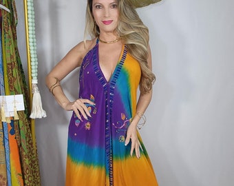 Embroidered Silk Goddess Dress, Bohemian Chic Halter Maxi (Fits up to XL)