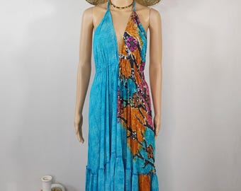 The Electric Eden One of a Kind Upcycled Silk Ruffled Maxi Dress Asymmetrical Split Panel Hand Stitched Sequin Appliques