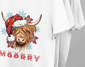 ハイランドカウのクリスマスTシャツ、メリーユニセックスTシャツ