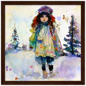 Vintage Watercolor Print, Wooden Framed Poster, Christmas Print, Little Girls of Christmas, Winter Framed Print, Family Room Decor