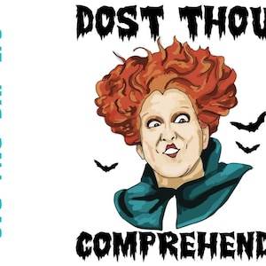 Op de afbeelding: Een zwart-wit grafisch ontwerp met de tekst "Dost thou comprehend" en een cartoonafbeelding van een vrouw met rood haar en een groene jurk. De vrouw heeft een verraste uitdrukking op haar gezicht.