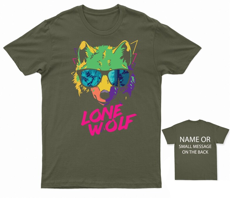 May include: A green, yellow, purple, and blue wolf wearing sunglasses with a pink "LONE WOLF" graphic on a dark green t-shirt.