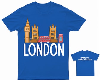 Kids London Landmarks T-Shirt  Personalised UK Souvenir Tee  Cartoon London Bus and Tower Top