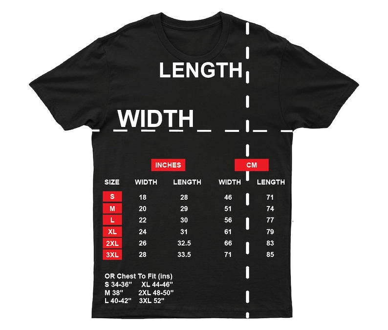 Op de afbeelding: Zwart T-shirt met een witte grafiek die een maattabel voor heren T-shirts in inches en centimeters laat zien. De tabel bevat de maten S, M, L, XL, 2XL en 3XL met de bijbehorende breedte- en lengtematen.