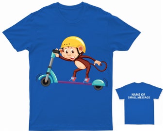Kids Monkey Scooter T-Shirt  Cartoon Monkey Riding Tee  Personalised Message Back Option