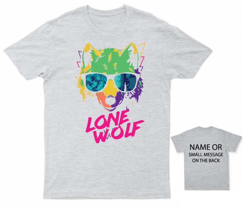 May include: Gray t-shirt with a colorful wolf wearing sunglasses and the text "LONE WOLF" in pink letters.