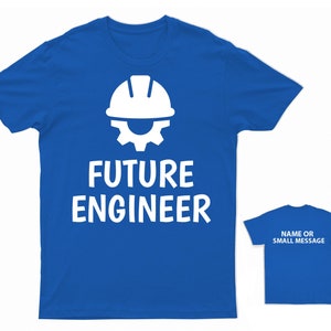 May include: A royal blue t-shirt with a white graphic of a hard hat and gear with the text "FUTURE ENGINEER".