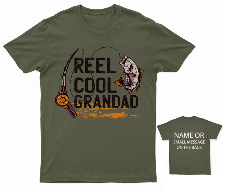 May include: Green t-shirt with a fishing rod and fish graphic. The text "Reel Cool Grandad" is printed on the shirt.