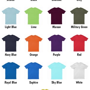 K&ouml;nnte beinhalten: Ein Diagramm mit 16 verschiedenen T-Shirt-Farben, darunter Azalee, Schwarz, Anthrazit, Grau, Hellblau, Limette, Rotbraun, Milit&auml;rgr&uuml;n, Marineblau, Orange, Lila, Rot, K&ouml;nigsblau, Saphir, Himmelblau, Wei&szlig; und Gelb.