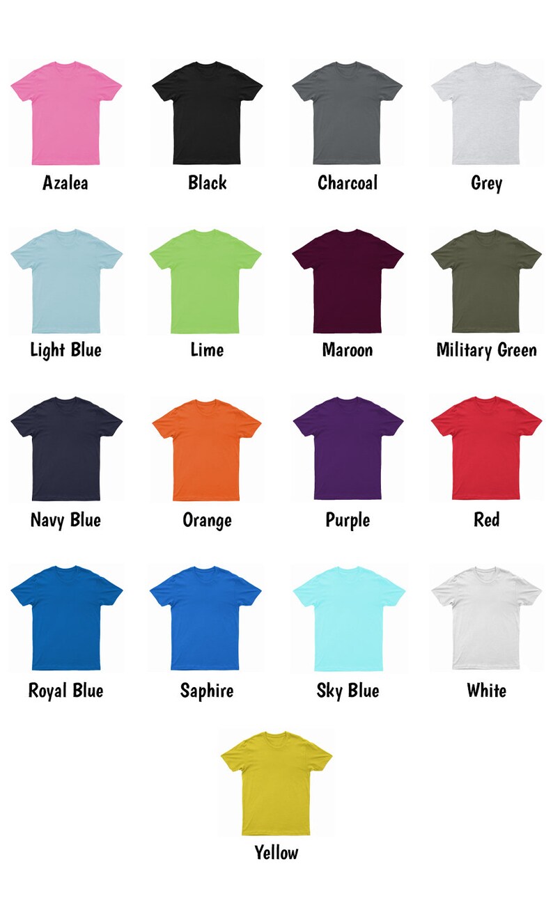 K&ouml;nnte beinhalten: Ein Diagramm mit 16 verschiedenen T-Shirt-Farben, darunter Azalee, Schwarz, Anthrazit, Grau, Hellblau, Limette, Rotbraun, Milit&auml;rgr&uuml;n, Marineblau, Orange, Lila, Rot, K&ouml;nigsblau, Saphir, Himmelblau, Wei&szlig; und Gelb.