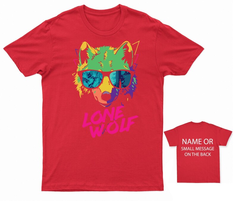 May include: Red t-shirt with a colorful graphic of a wolf wearing sunglasses and the text "LONE WOLF".