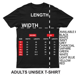 K&ouml;nnte beinhalten: Ein schwarzes Unisex-T-Shirt mit einer Gr&ouml;&szlig;entabelle, die die Ma&szlig;e in Zoll und Zentimetern angibt. Die Tabelle umfasst die Gr&ouml;&szlig;en S, M, L, XL, 2XL und 3XL. Das T-Shirt ist in Schwarz, Wei&szlig;, Marine, Grau, Anthrazit, Saphir, Gr&uuml;n, Hellblau, Gelb und Rot erh&auml;ltlich.