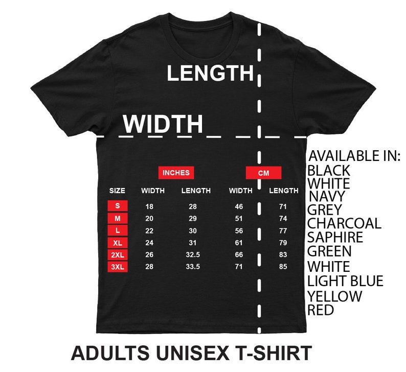 K&ouml;nnte beinhalten: Ein schwarzes Unisex-T-Shirt mit einer Gr&ouml;&szlig;entabelle, die die Ma&szlig;e in Zoll und Zentimetern angibt. Die Tabelle umfasst die Gr&ouml;&szlig;en S, M, L, XL, 2XL und 3XL. Das T-Shirt ist in Schwarz, Wei&szlig;, Marine, Grau, Anthrazit, Saphir, Gr&uuml;n, Hellblau, Gelb und Rot erh&auml;ltlich.