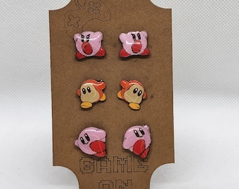 Hand Painted Kirby Earrings: Laser Cut Basswood, Stainless Steel Posts