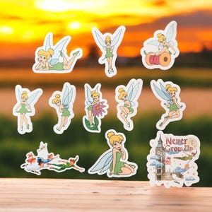 Stickers lutin, fée clochette, jamais grandir, transparents, blancs et scintillants