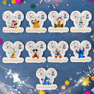 Best Birthday Ever Mickey Mouse Head Stickers, different characters.