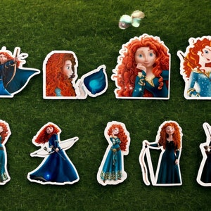 May include: Set of ten stickers featuring a red-haired cartoon character with different poses and expressions. The character is wearing a blue dress and holding a bow and arrow in some of the stickers.