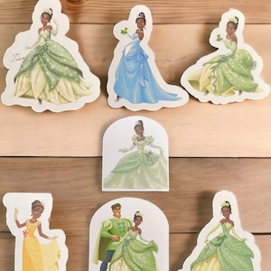 Pegatinas de Tiana, la princesa y el sapo, transparentes, blancas y con purpurina