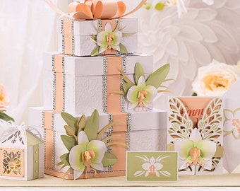 Wedding Orchard Themed Event Items, Gift Card Box, Gatefold Card invitation, Favor Box, information card, and RSVP card