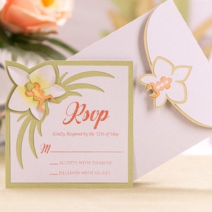 Wedding Orchard Themed Event Items, Gift Card Box, Gatefold Card invitation, Favor Box, information card, and RSVP card 12 RSVP Cards