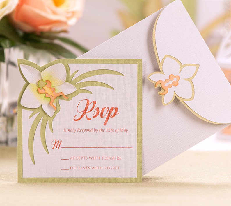 Wedding Orchard Themed Event Items, Gift Card Box, Gatefold Card invitation, Favor Box, information card, and RSVP card 12 RSVP Cards