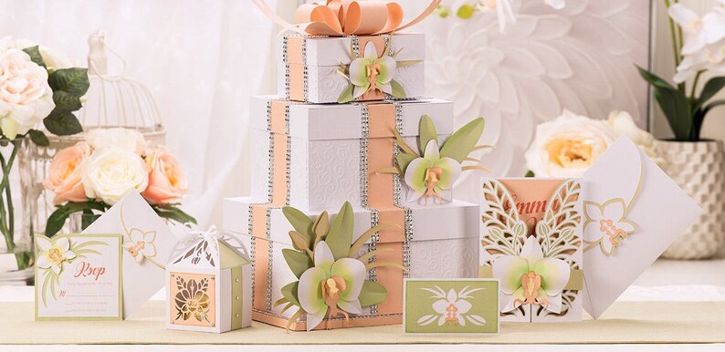 Wedding Orchard Themed Event Items, Gift Card Box, Gatefold Card invitation, Favor Box, information card, and RSVP card zdjęcie 1