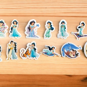 Pegatinas transparentes, blancas y con purpurina de Aladdin y Jasmine.