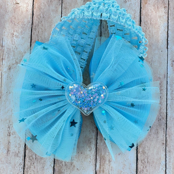 Blue headband, headband for baby girls, tulle headband, baby heart headband.