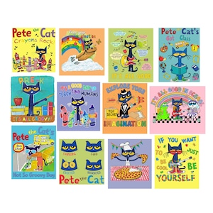 Puede incluir: Una colección de coloridas portadas de libros e ilustraciones de Pete the Cat. Las imágenes presentan al personaje del gato azul en varias escenas con textos como "Crayons Rock", "Explore Your Imagination" y "Be Yourself".
