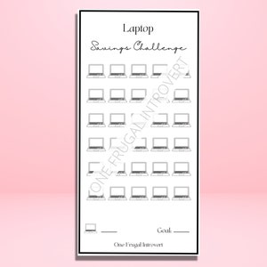 May include: A printable black and white laptop savings challenge tracker. The tracker has 35 laptop icons to colour in as you save towards your goal. The text reads "Laptop Savings Challenge" and "Goal:___".