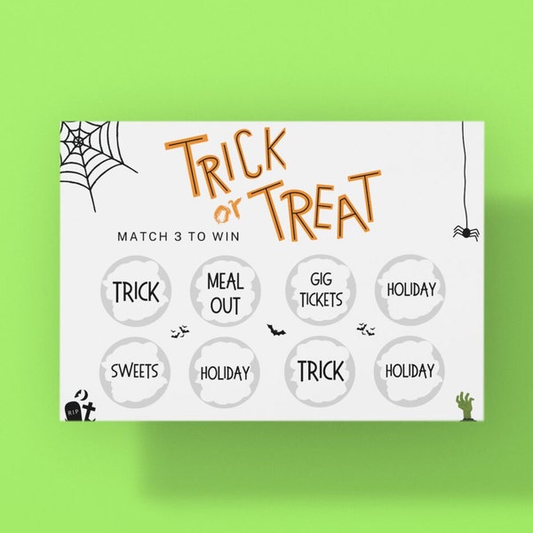 Trick Or Treat Halloween Scratch Card, Match 3 To Win, Scratch To Win Card, Custom Scratch Card, Scratch To Reveal Card, Surprise Trip Gift