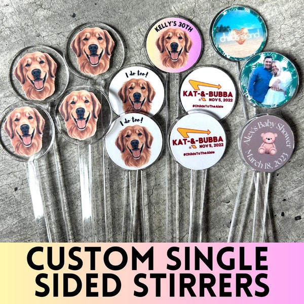 CUSTOM Klare einseitige Hunde-/Katzen-/Gesichts-/Logo-Getränkerührer/Swizzle-Sticks – perfekt für Hochzeiten, Partys usw.