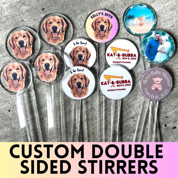 CUSTOM Clear Double-sided Dog/Cat/Logo/Face Drink Stirrers / Swizzle sticks - Perfect for Weddings, Parties, etc.