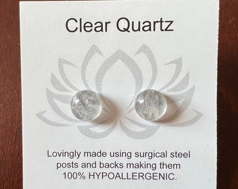 8mm Clear Quartz Cabochon Post Earrings/Hypoallergenic