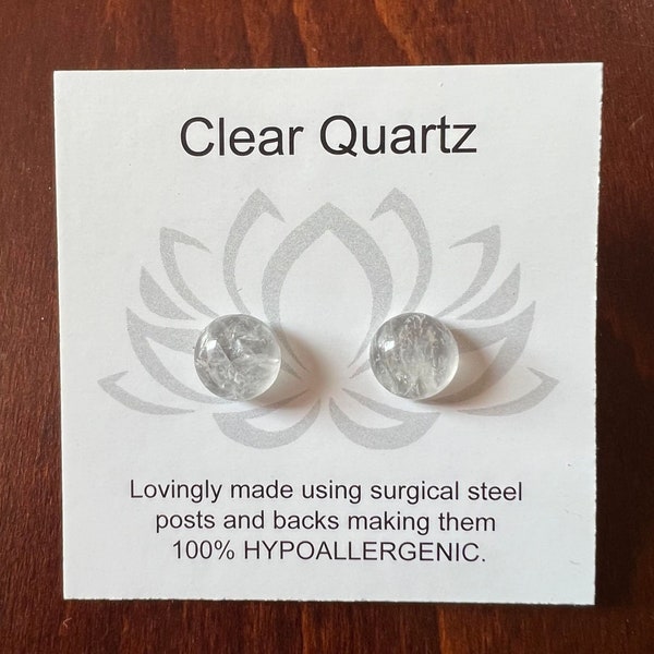 8mm Clear Quartz Cabochon Post Earrings/Hypoallergenic