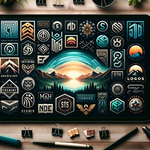 May include: A digital tablet displaying a collection of logos with various geometric designs, mountain and nature scenes, and text. The tablet is surrounded by office supplies, including pens, notebooks, and binder clips, on a wooden surface.