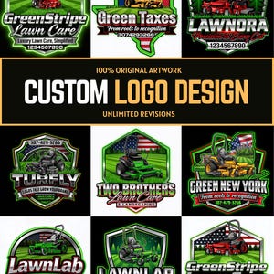 May include: A collection of custom logo designs for lawn care businesses. Each logo features a lawnmower and text, with variations in color and style. The logos include text such as "GreenStripe Lawn Care" and "Custom Logo Design."