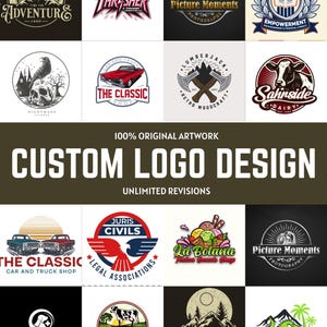 Puede incluir: Una colección de diseños de logotipos personalizados con varios temas, incluyendo aventura, fotografía y comida. Los logotipos presentan texto como "Custom Logo Design" y "Unlimited Revisions."