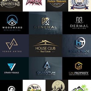 May include: A selection of company logos with diverse designs. The logos incorporate text and graphics, including mountains, houses, a cow, and a lightning bolt. Some logos display text such as "Adventure," "Thrasher," "Picture Moments," and "Woodward Residential."
