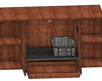 May include: A wooden cabinet with two doors and a drawer. The cabinet has two shelves on each side and a wire shelf in the middle. A gray plastic bin is on the wire shelf.